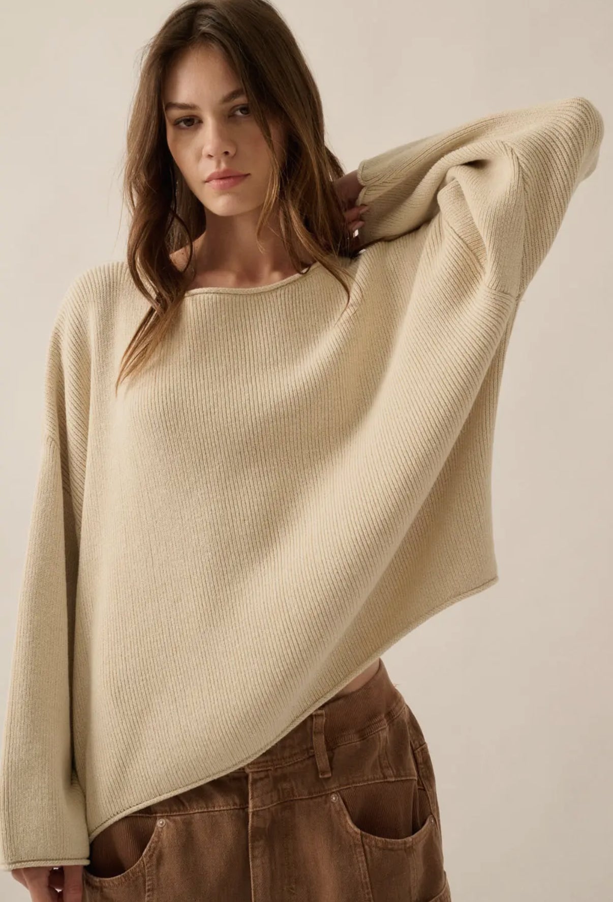 Cream Solid Rib-Knit Boatneck Sweater