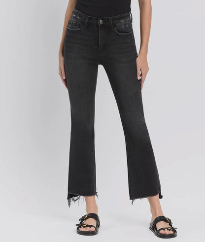 High Rise Raw Step Hem Black Crop Flare Jeans