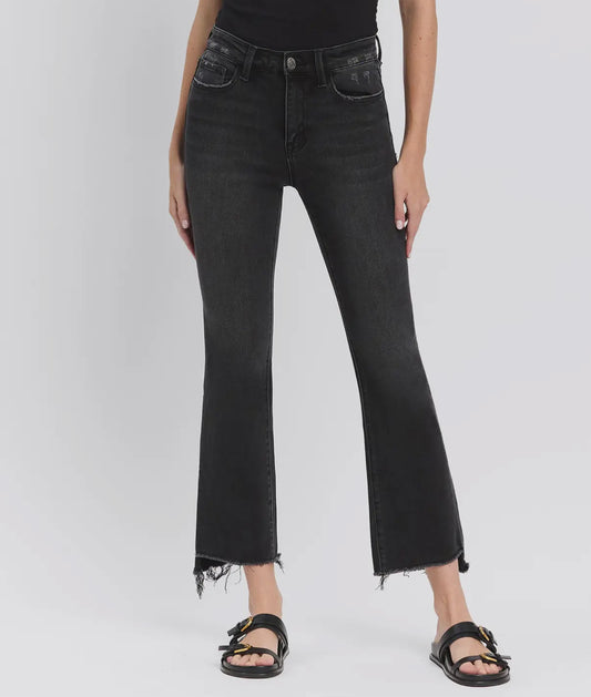 High Rise Raw Step Hem Black Crop Flare Jeans