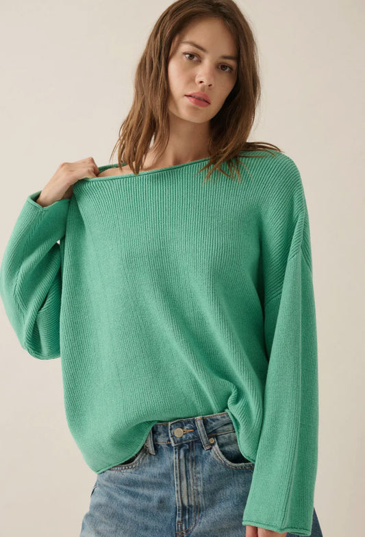 Pine Green Solid Rib-Knit Boatneck Sweater