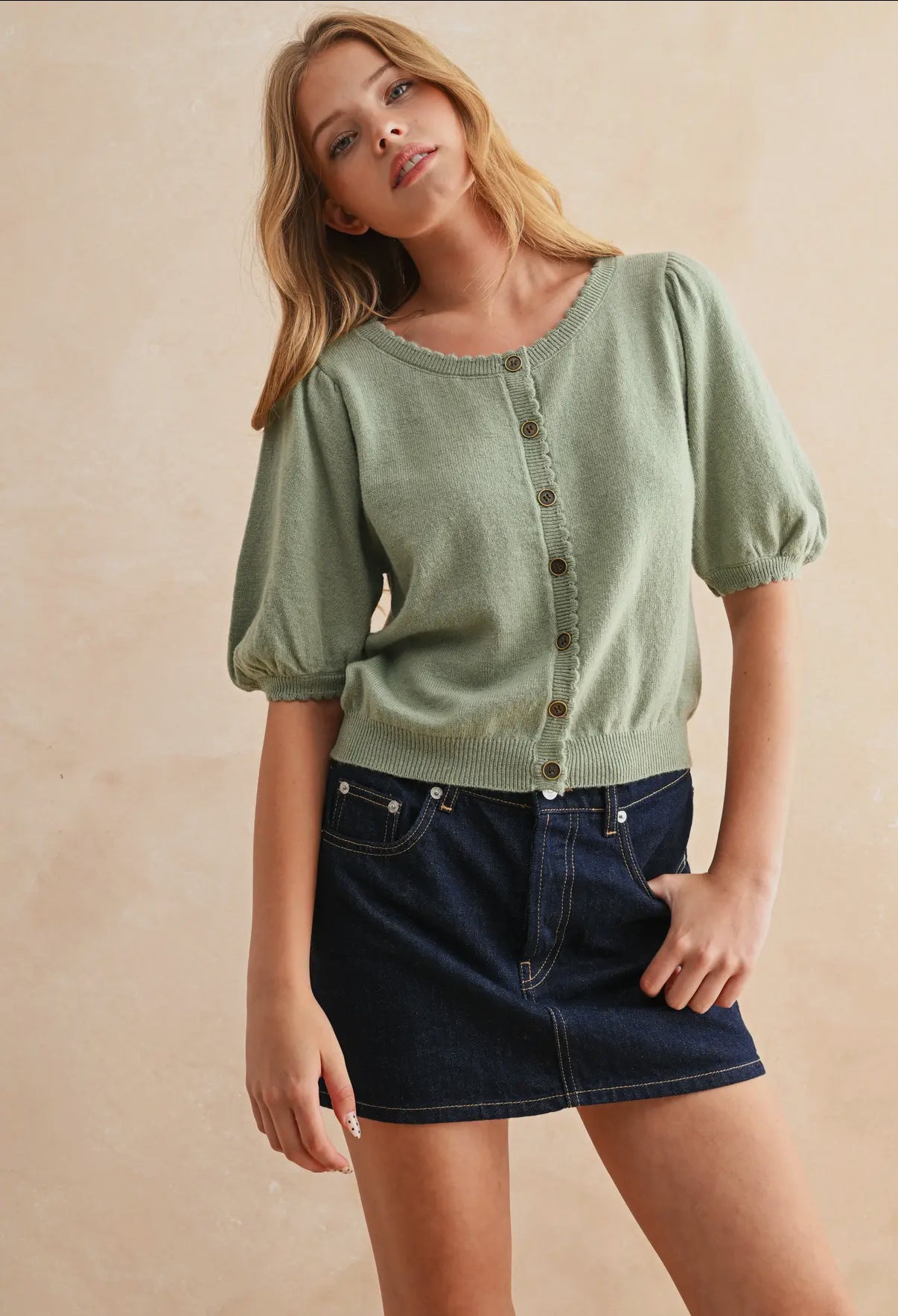 Mint Puff Sleeve Button Down Cardigan