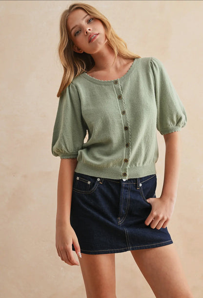 Mint Puff Sleeve Button Down Cardigan