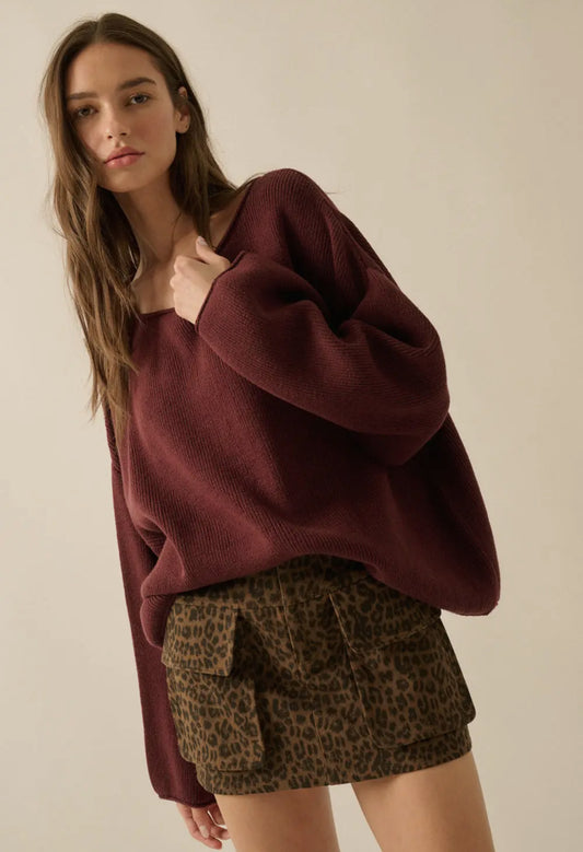 Baked Plum Solid Rib-Knit Boatneck Sweater