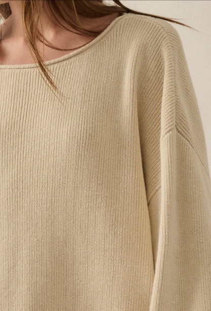 Oatmeal Solid Rib-Knit Boatneck Sweater