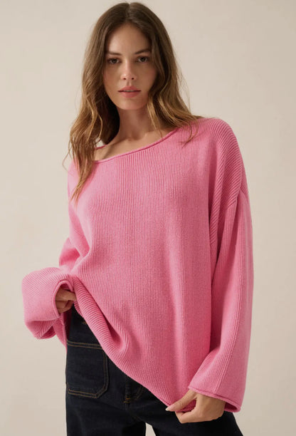 Pink Solid Rib-Knit Boatneck Sweater