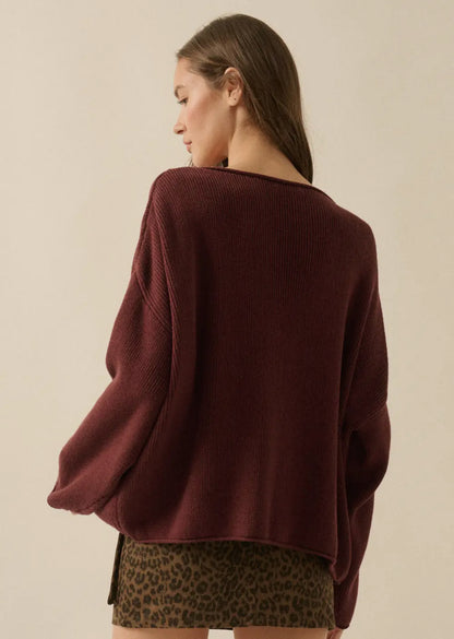 Baked Plum Solid Rib-Knit Boatneck Sweater