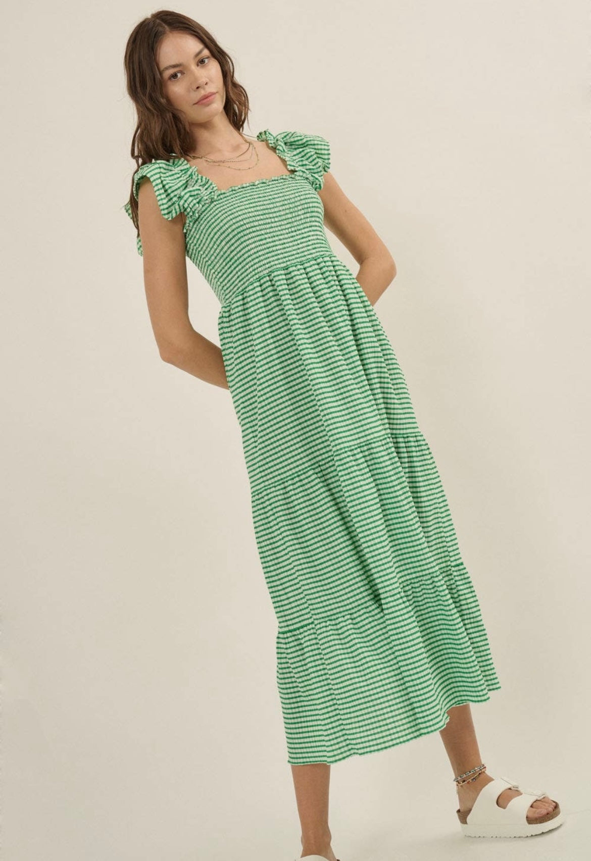 Plaid Square Neck Smocked Tiered Maxi Dress