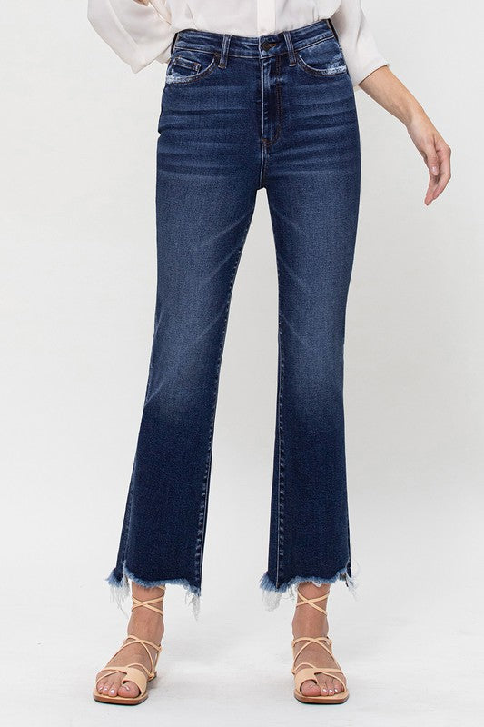 High Rise Distressed Hem Kick Flare Jeans *