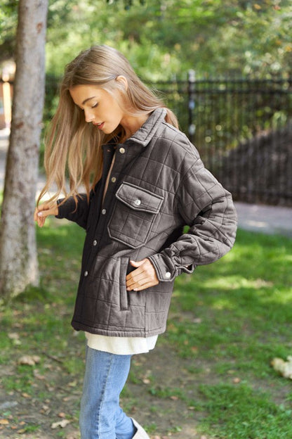 Solid Mineral Wash Quilted Pockets Shacket *