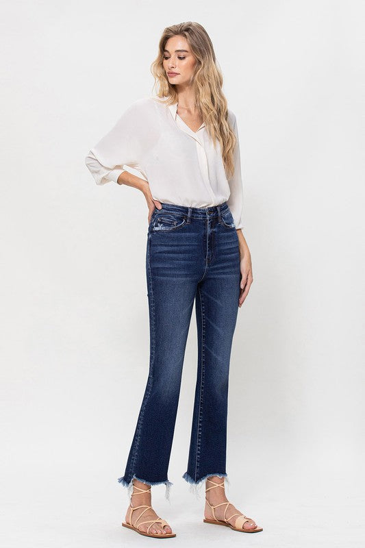 High Rise Distressed Hem Kick Flare Jeans *