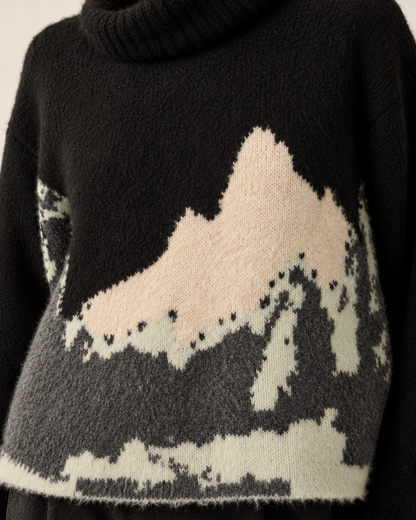 Black mountain landscape turtleneck sweater knit detail