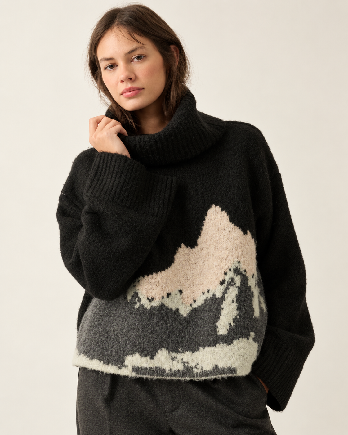 Black mountain landscape turtleneck sweater front view