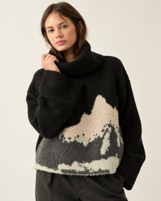 Black mountain landscape turtleneck sweater front view