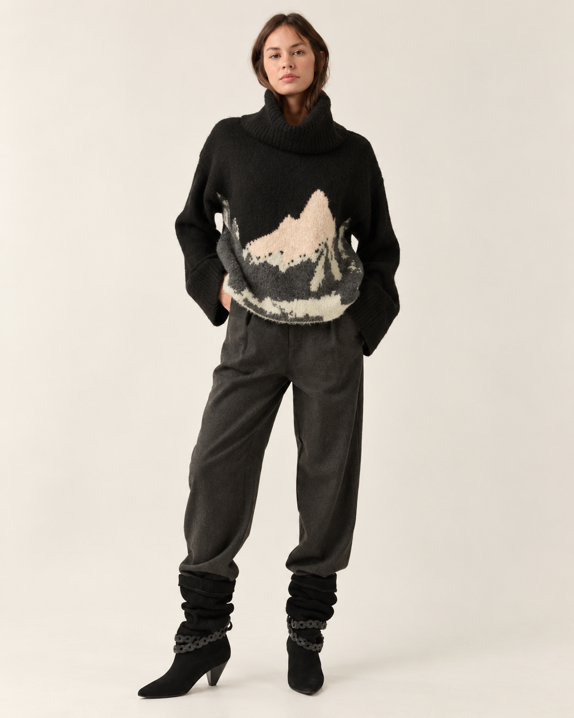Black mountain landscape turtleneck sweater full look