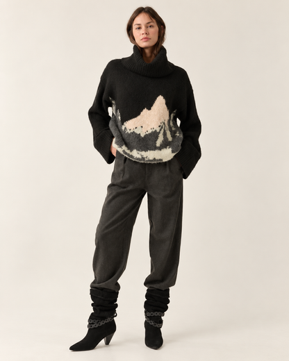 Black mountain landscape turtleneck sweater full look