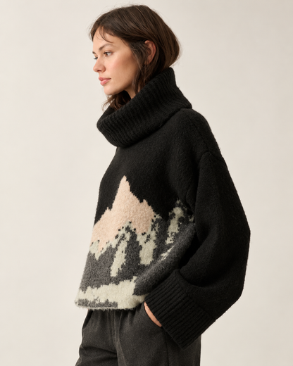 Black mountain landscape turtleneck sweater profile view