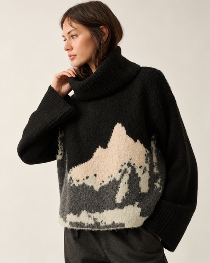 Black mountain landscape turtleneck sweater side view